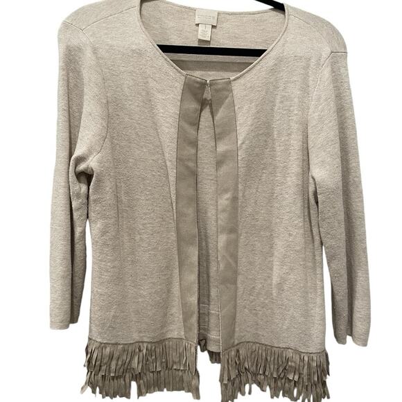 Chico’s Fringe Cardigan Neutral Tan Size M Cotton Blend Open Front EUC - Picture 2 of 7
